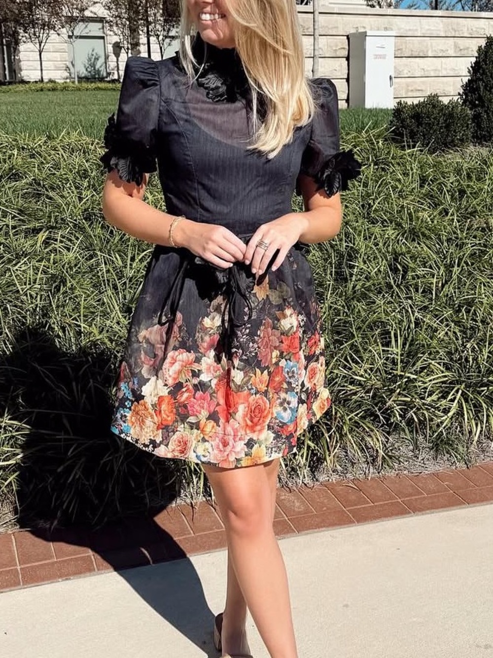 Luxe Navy Dress with 3D Floral Collar and Sleeve Accents